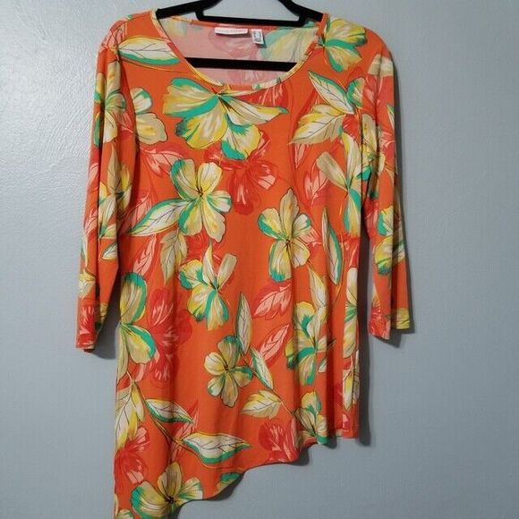 SUSAN GRAVER Women's Orange Bright Floral Asymmetrical Hem Tunic Blouse Top - Picture 1 of 5